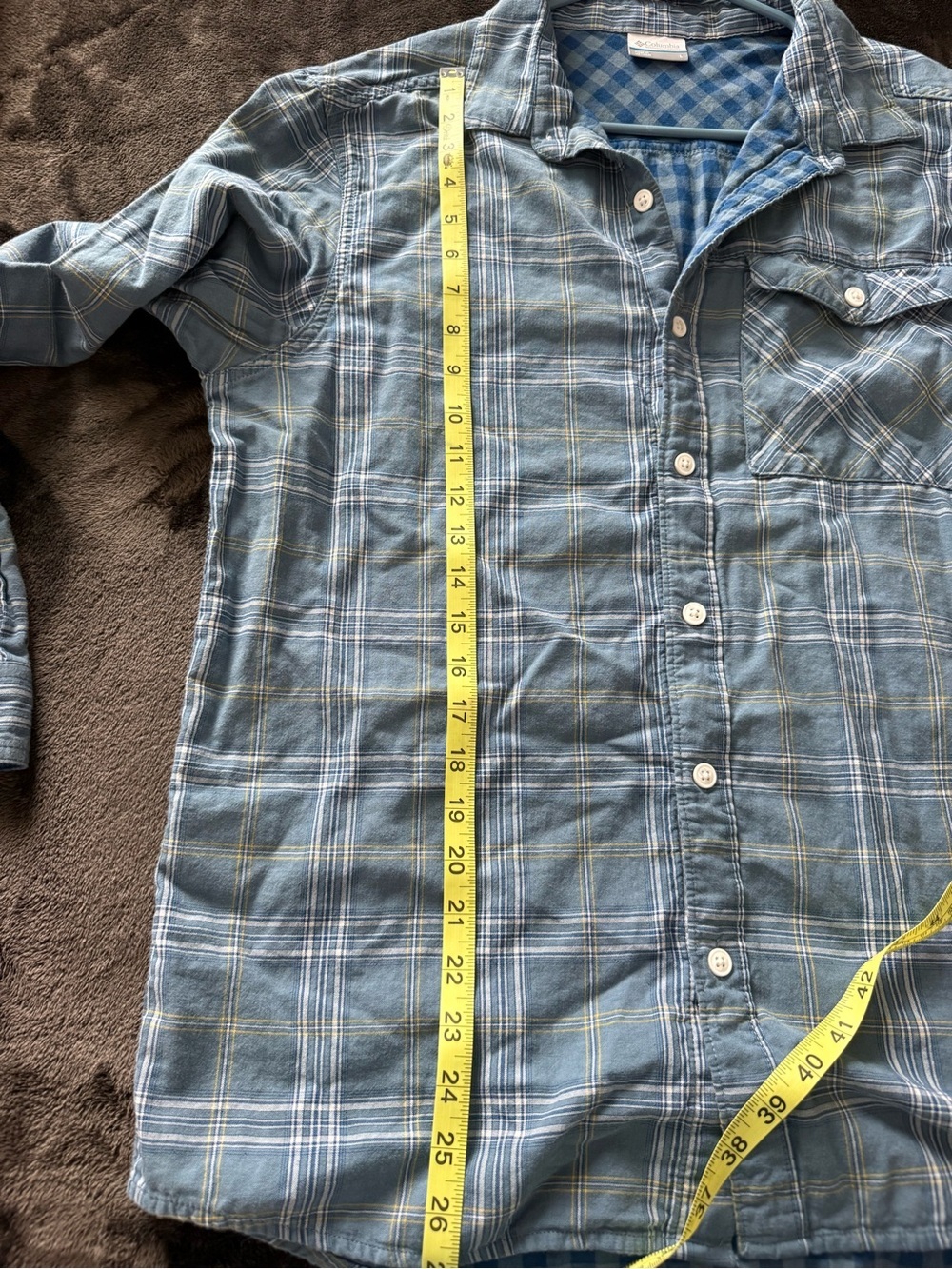 Men's Blue Plaid Long-Sleeve Button-Down Shirt outdoors fisherman camping - Picture 4 of 10